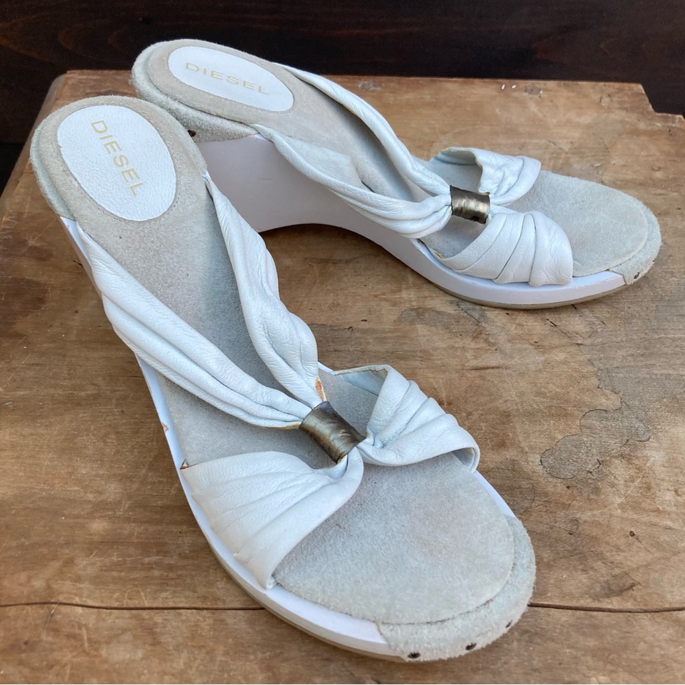 Diesel sandals women's size 8 wedge wood rocker studs leather metal details